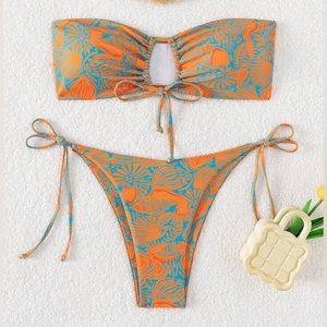 SHEIN Blue and Orange Floral Strapless Bikini Set